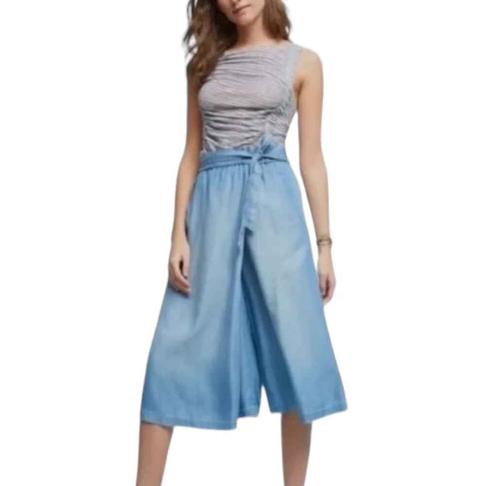 HOLDING HORSES Anthropologie Chambray Wide Leg Tie Waist Cropped Pants